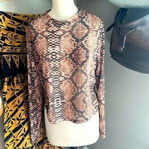 Snakeskin mesh mock neck long sleeve crop top